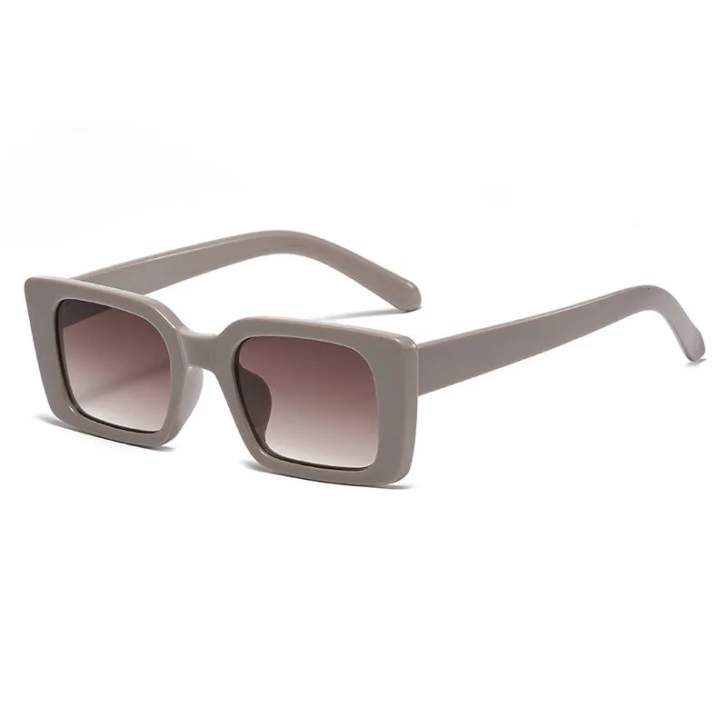 Square small frame sunglasses with PC lens, black frame and grey lens, simple flower design on bag