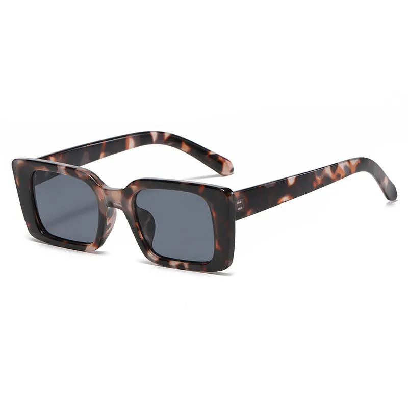 Square small frame sunglasses with PC lens, black frame and grey lens, simple flower design on bag