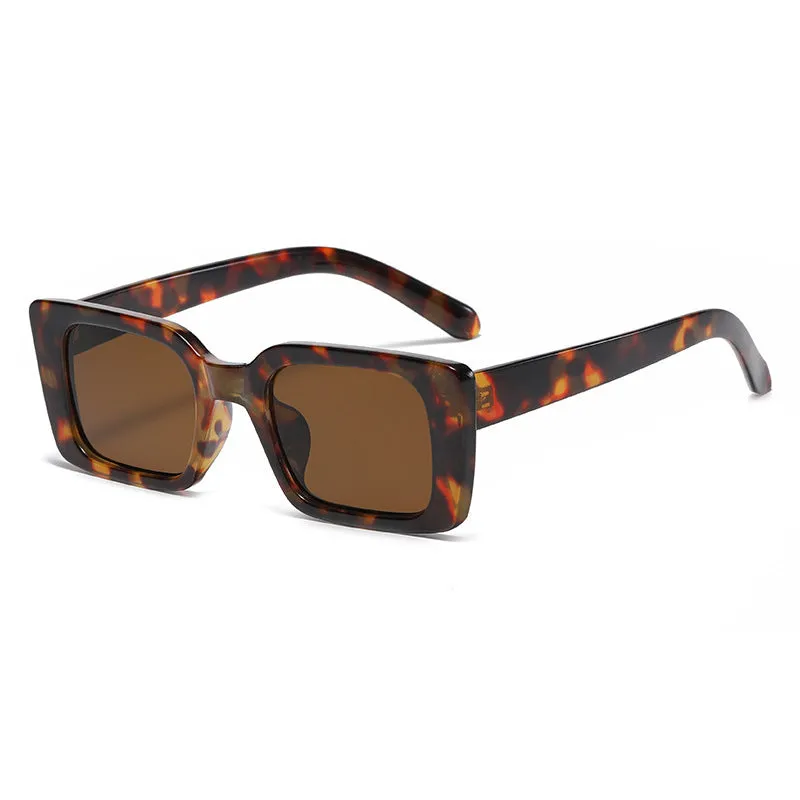 Square small frame sunglasses with PC lens, black frame and grey lens, simple flower design on bag