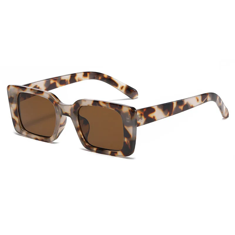 Square small frame sunglasses with PC lens, black frame and grey lens, simple flower design on bag