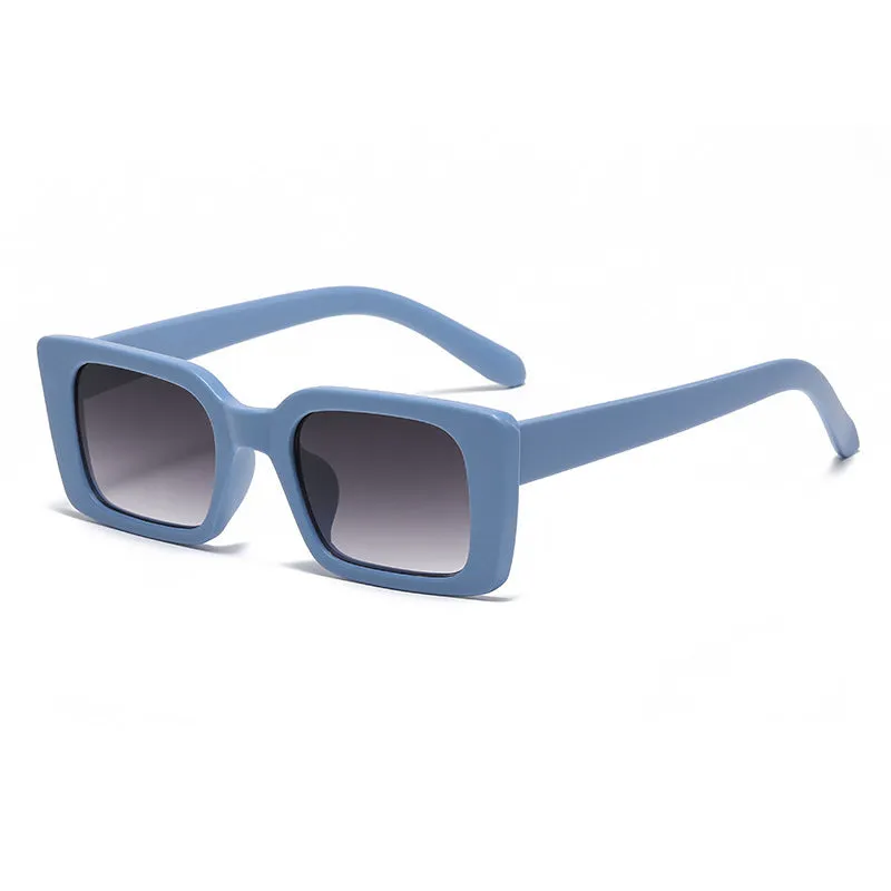 Square small frame sunglasses with PC lens, black frame and grey lens, simple flower design on bag