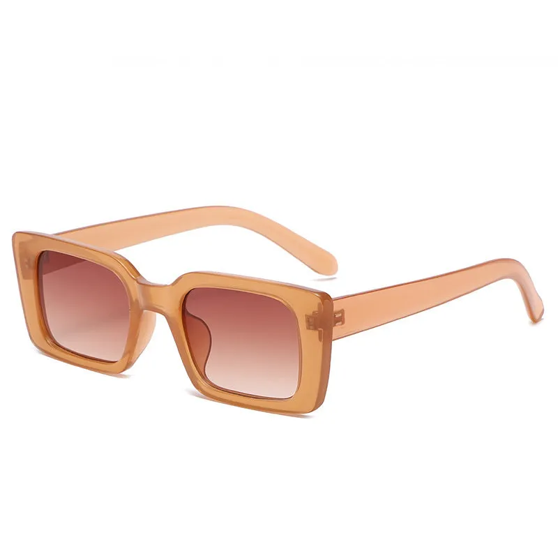 Square small frame sunglasses with PC lens, black frame and grey lens, simple flower design on bag