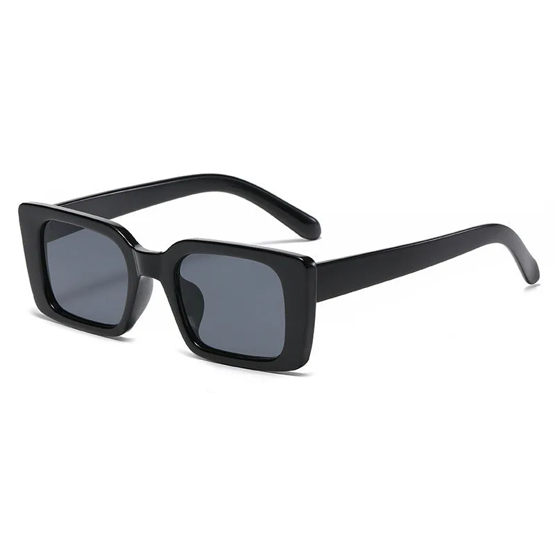 Square small frame sunglasses with PC lens, black frame and grey lens, simple flower design on bag