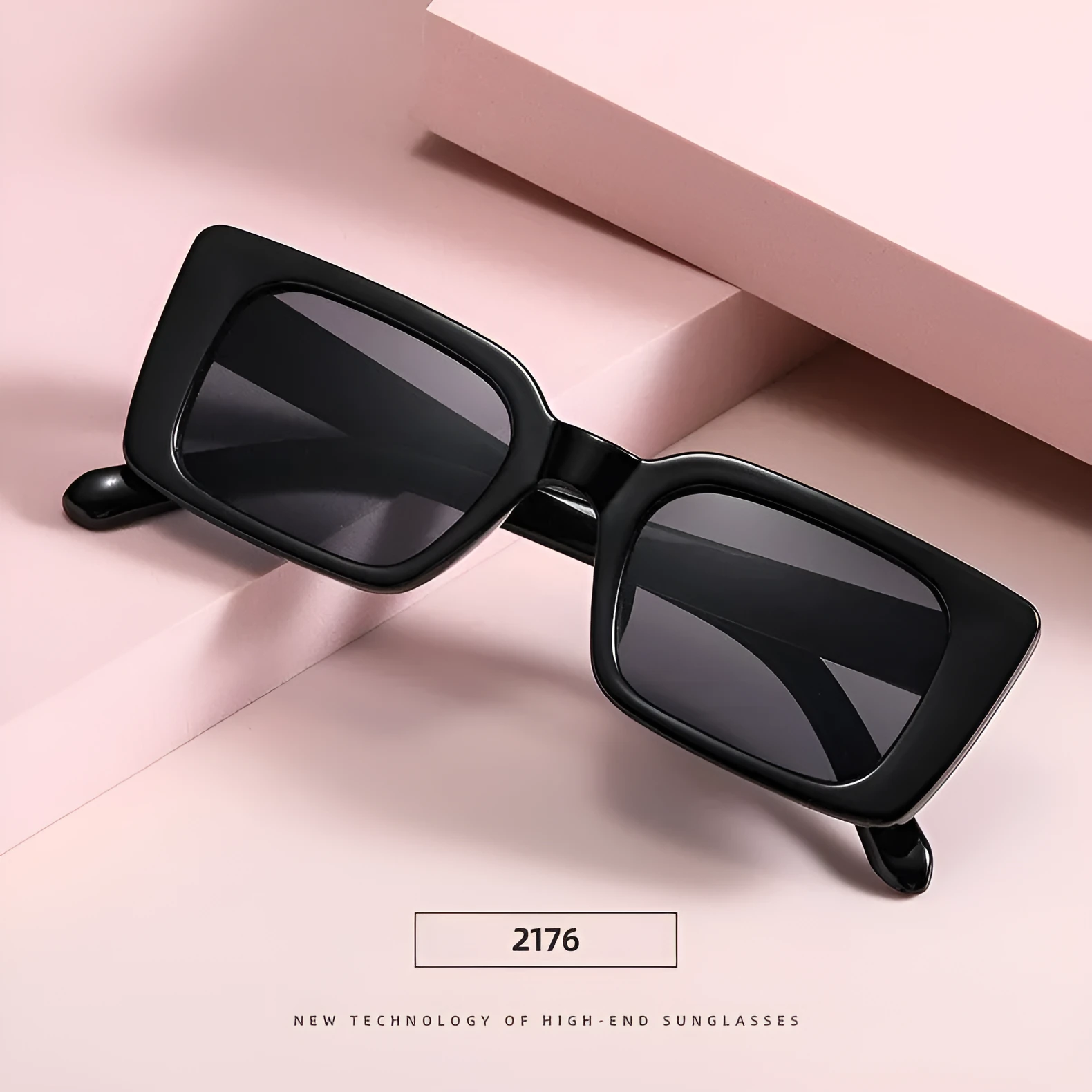 Square small frame sunglasses with PC lens, black frame and grey lens, simple flower design on bag