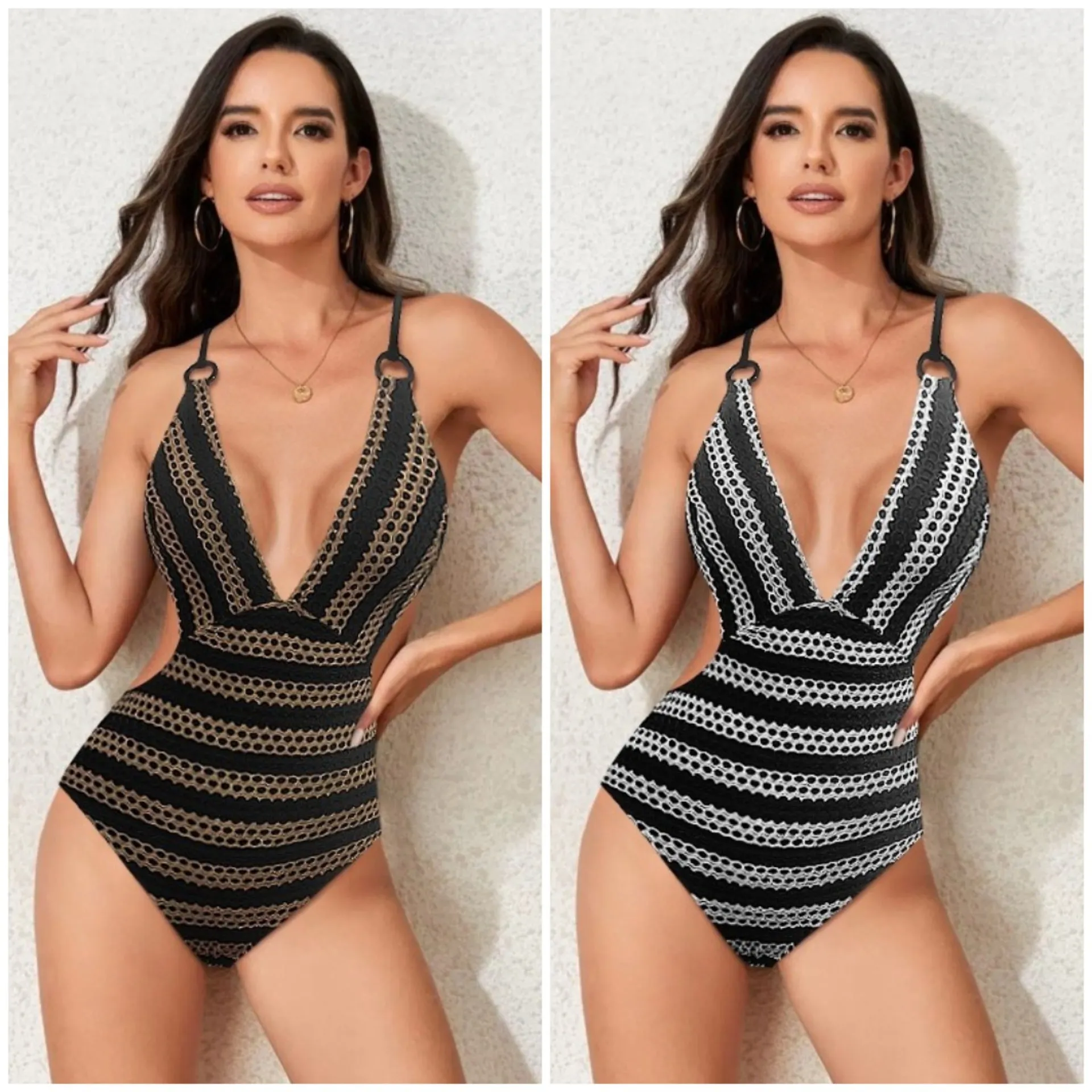 Striped one-piece women's swimsuit in colour block pattern with sleeveless cut in polyester fibre