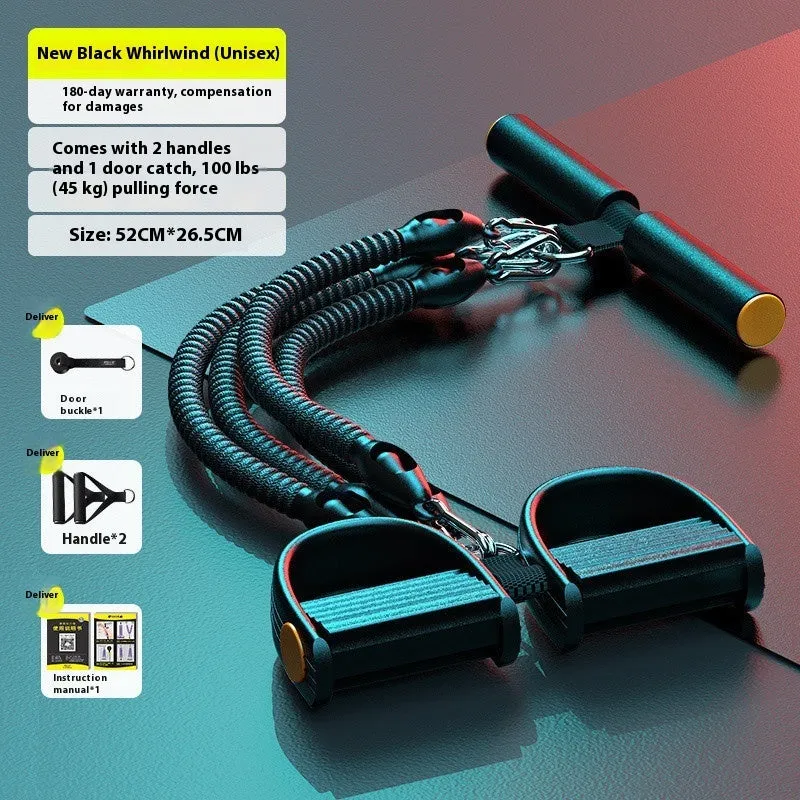 Black pedal chest expander with spring steel frame and auxiliary rope for home slimming belly and weight loss fitness.