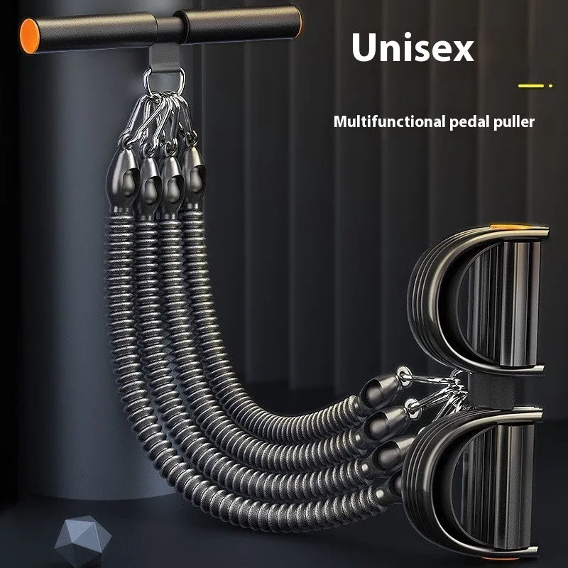 Black pedal chest expander with spring steel frame and auxiliary rope for home slimming belly and weight loss fitness.