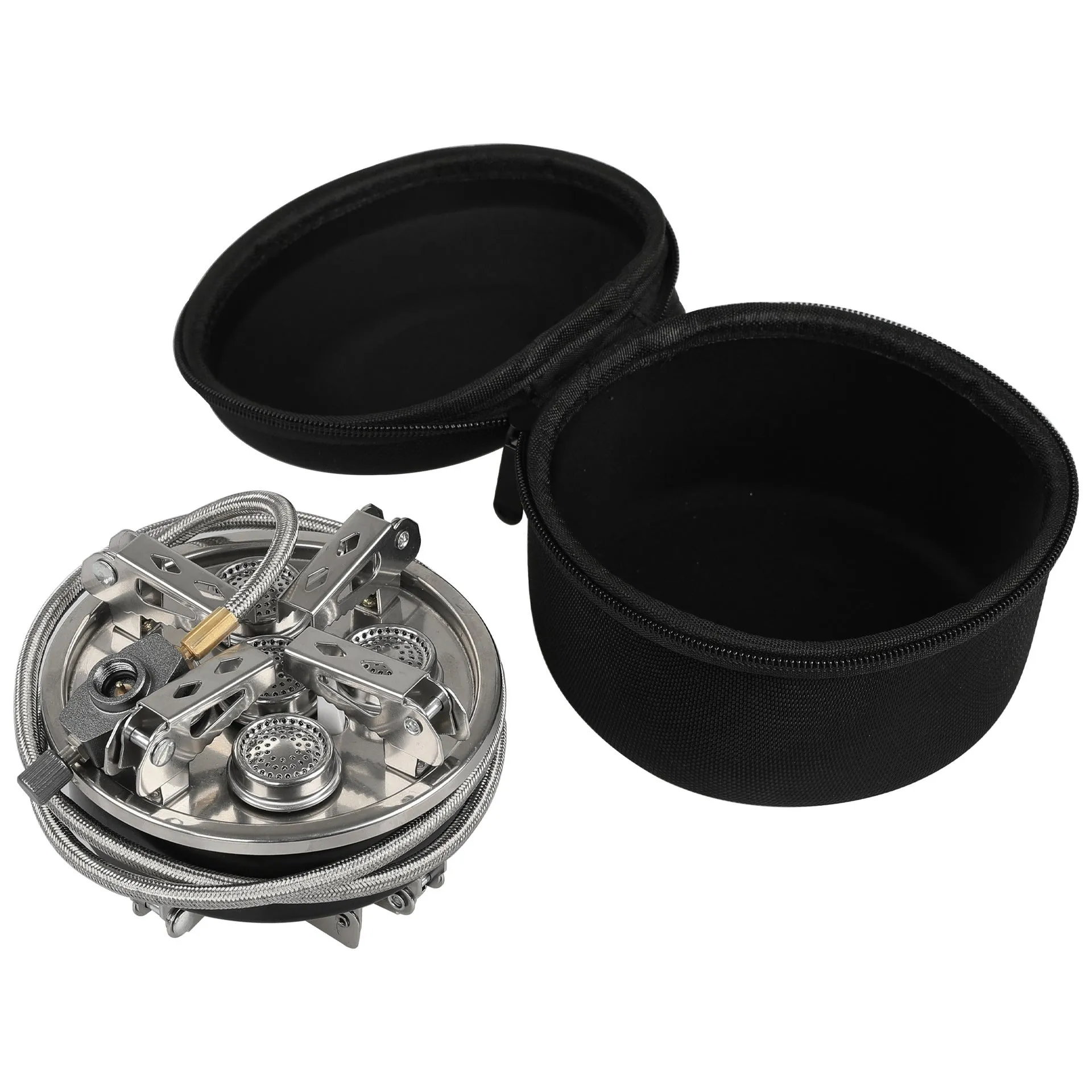 Silver portable stainless steel split camping stove with a long hose, shown folded.