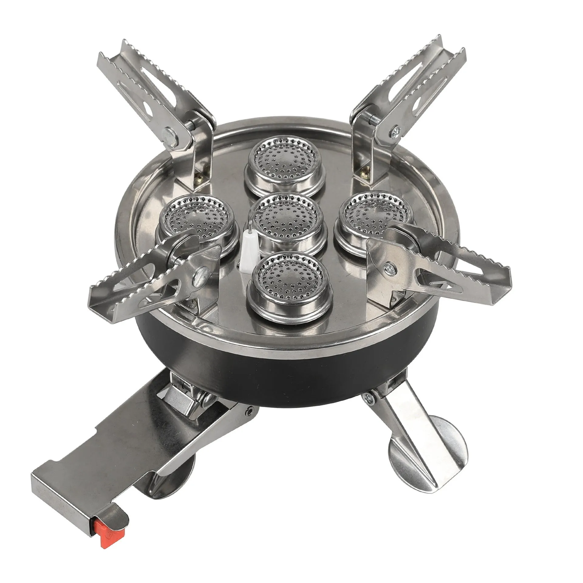 Silver portable stainless steel split camping stove with a long hose, shown folded.