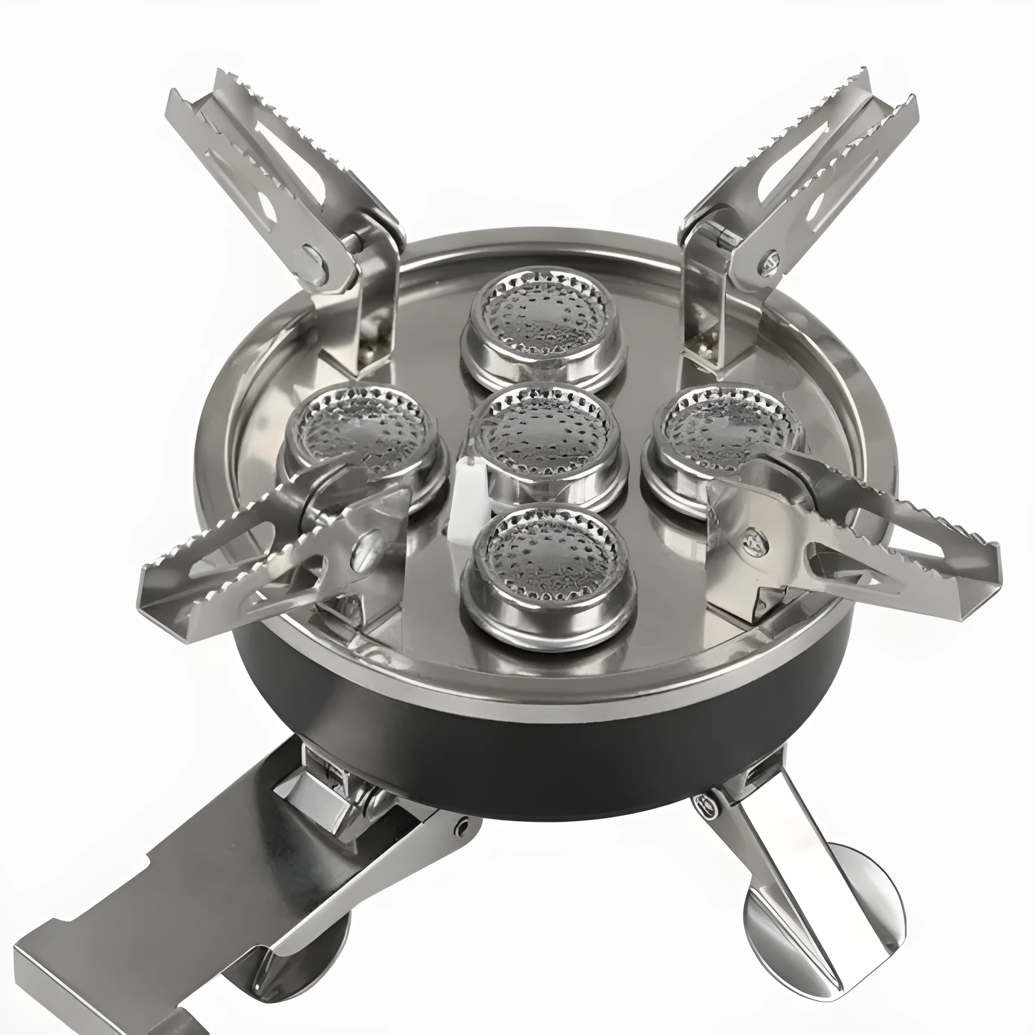 Silver portable stainless steel split camping stove with a long hose, shown folded.