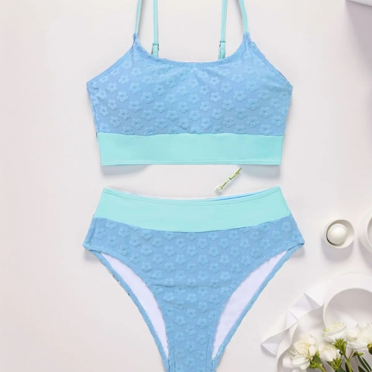 Women's colour matching bikini swimsuit in solid blue high waist backless polyester for swimming sports