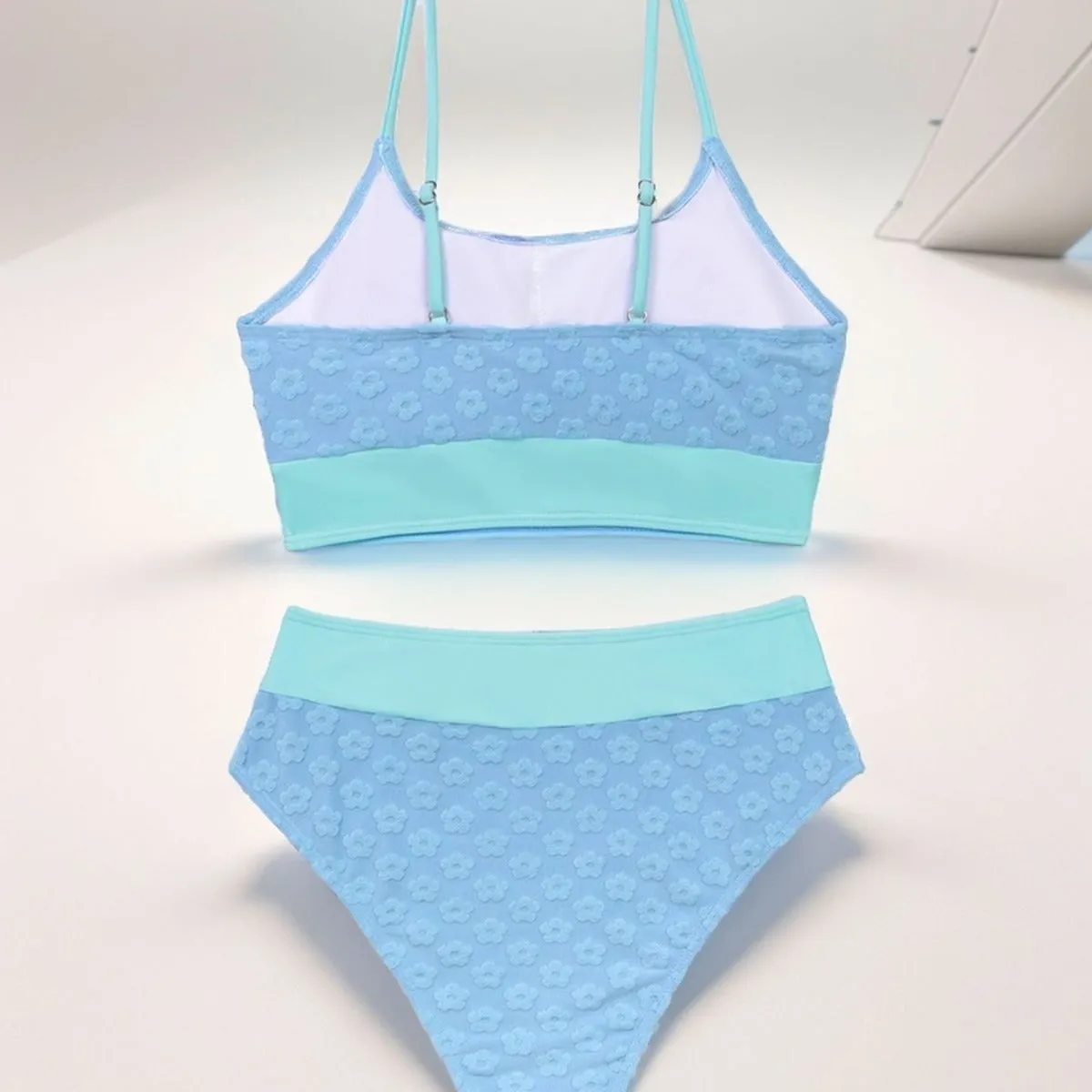 Women's colour matching bikini swimsuit in solid blue high waist backless polyester for swimming sports