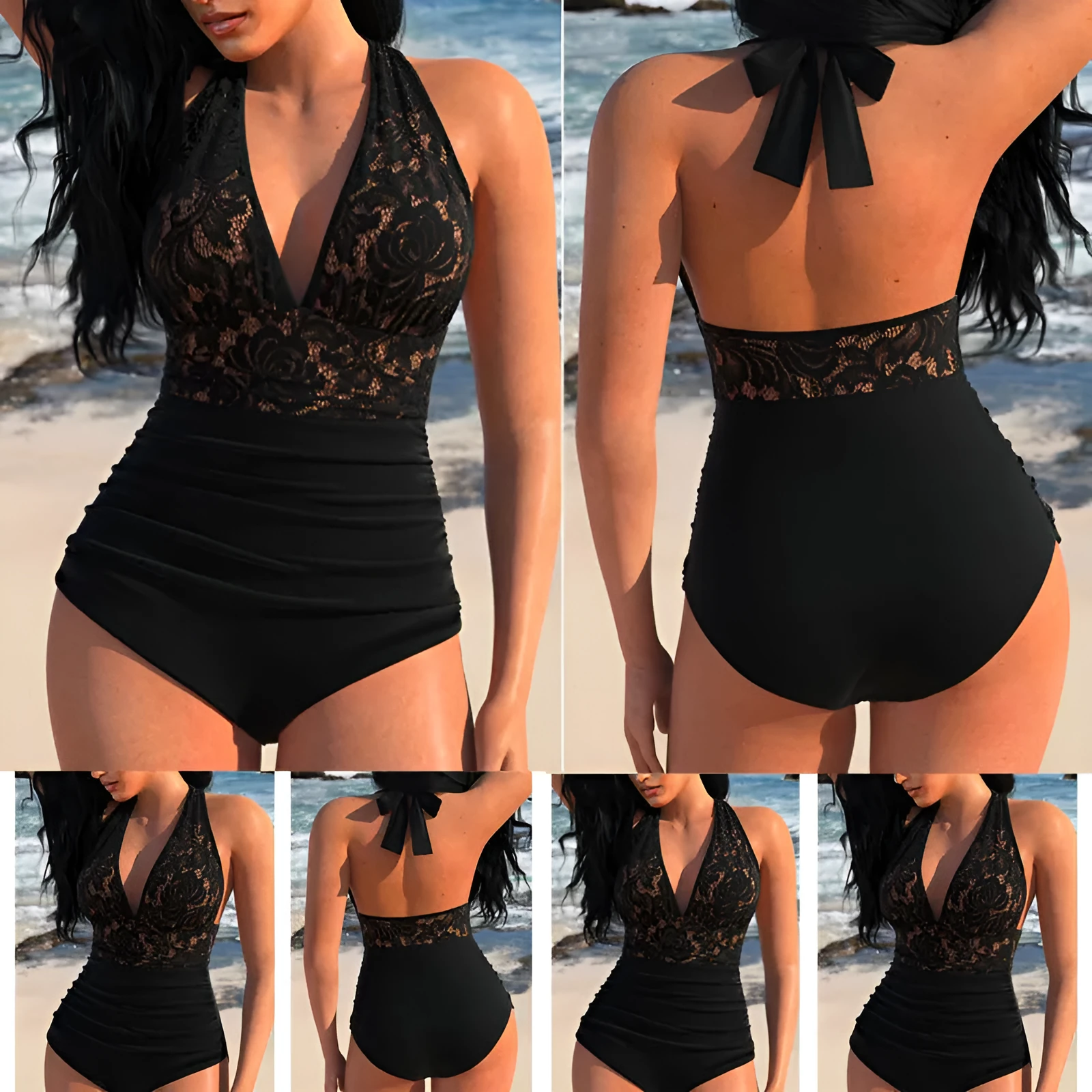 Sexy patchwork backless tight-fitting cinched belly covering one-piece swimsuit in black polyester