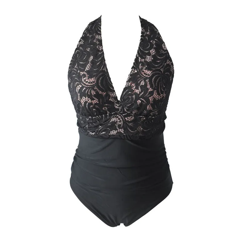 Sexy patchwork backless tight-fitting cinched belly covering one-piece swimsuit in black polyester