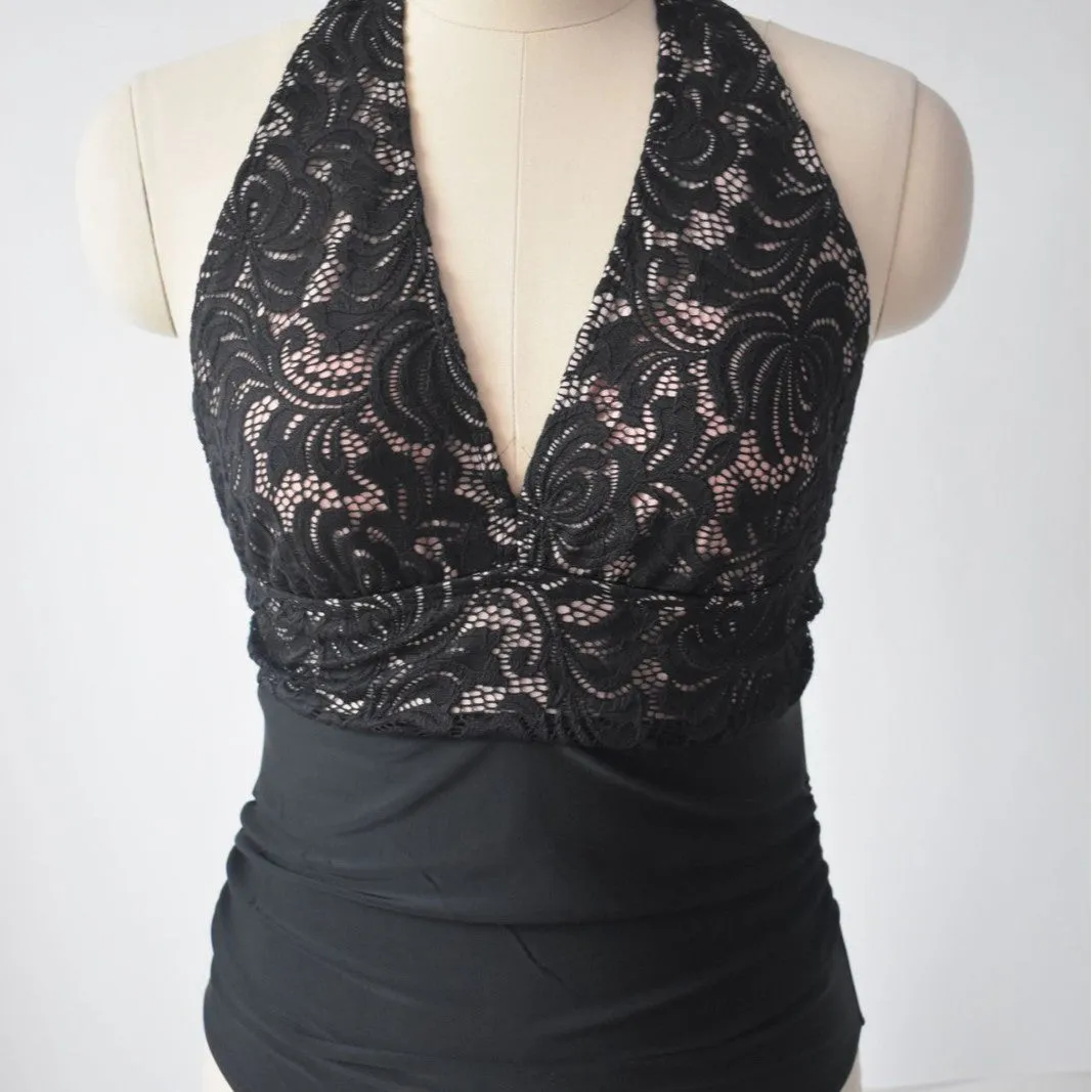Sexy patchwork backless tight-fitting cinched belly covering one-piece swimsuit in black polyester