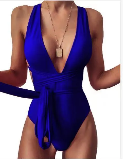 Women's one-piece lace-up deep V backless high-waist solid colour swimsuit in lake blue with white lace detail