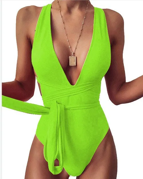 Women's one-piece lace-up deep V backless high-waist solid colour swimsuit in lake blue with white lace detail