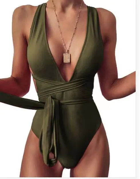Women's one-piece lace-up deep V backless high-waist solid colour swimsuit in lake blue with white lace detail