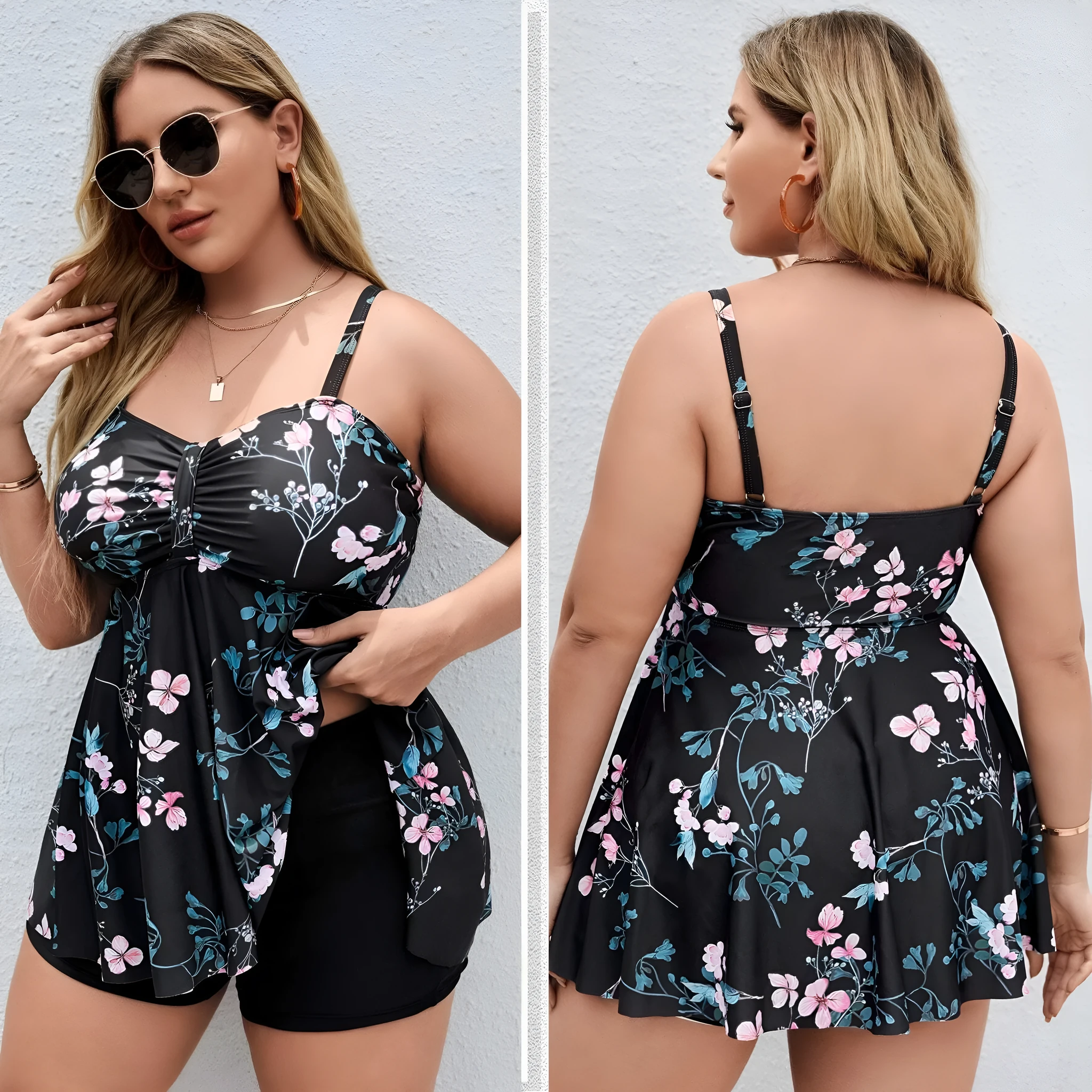 Women's floral print one-piece swimsuit with split colours, shown on a model.