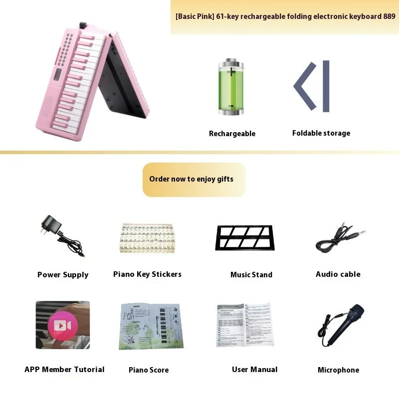 Charging portable smart folding 61 key piano, plastic body, 80.6 cm length, black colour option