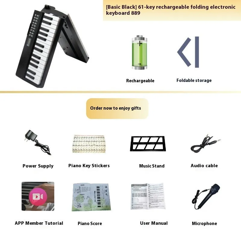 Charging portable smart folding 61 key piano, plastic body, 80.6 cm length, black colour option