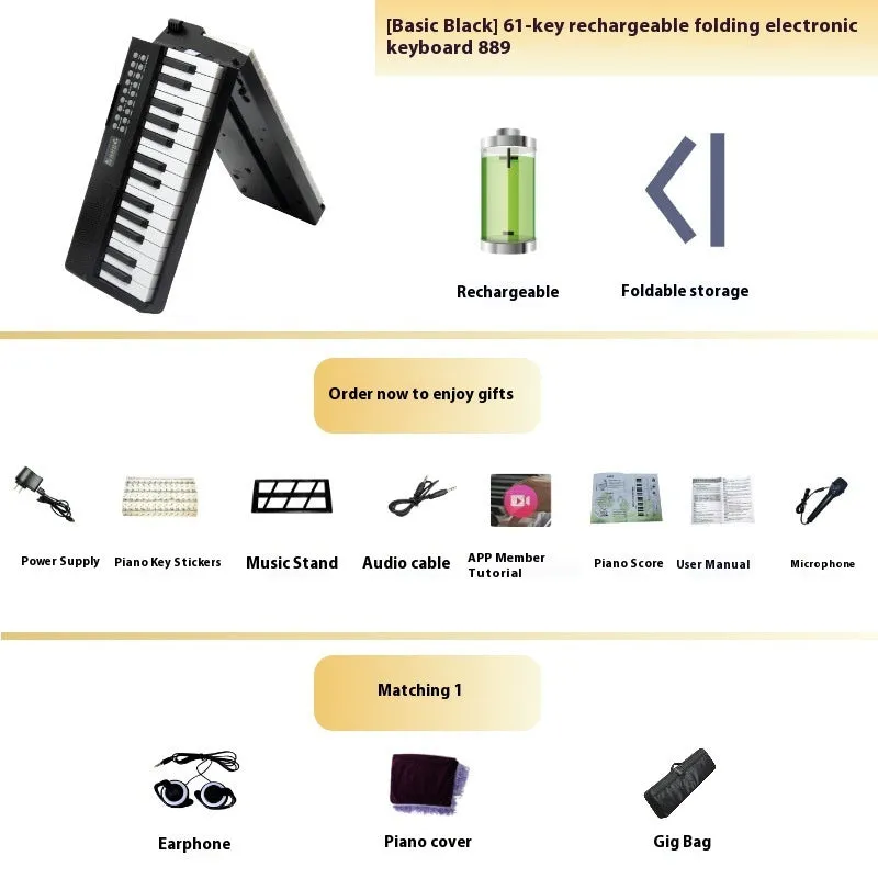Charging portable smart folding 61 key piano, plastic body, 80.6 cm length, black colour option