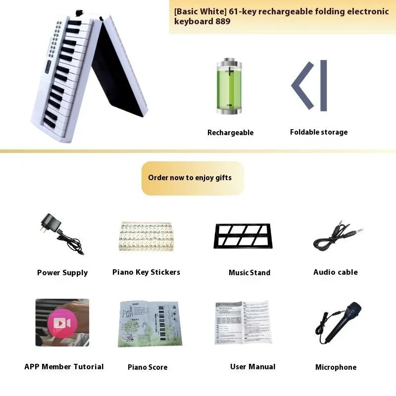 Charging portable smart folding 61 key piano, plastic body, 80.6 cm length, black colour option