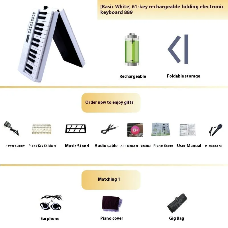 Charging portable smart folding 61 key piano, plastic body, 80.6 cm length, black colour option