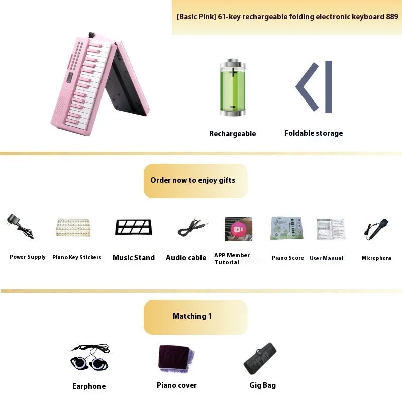 Charging portable smart folding 61 key piano, plastic body, 80.6 cm length, black colour option