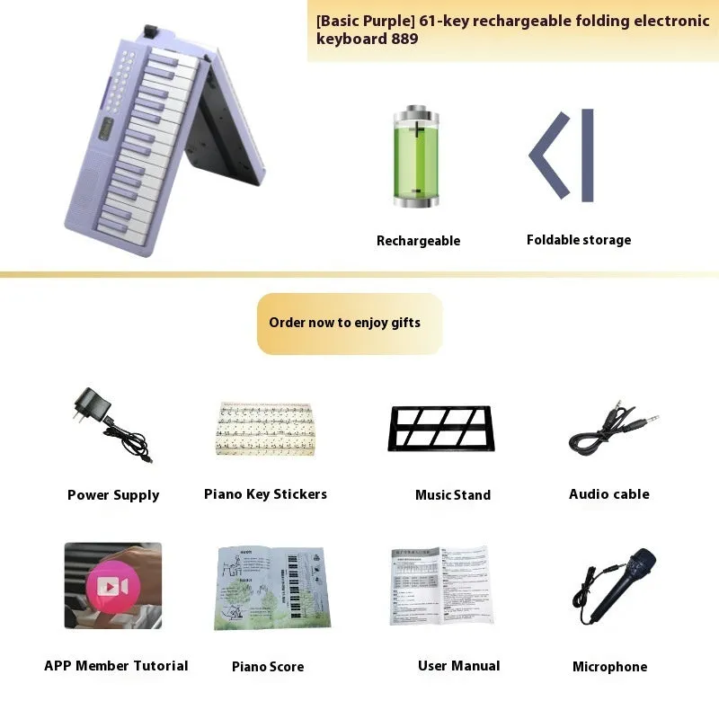 Charging portable smart folding 61 key piano, plastic body, 80.6 cm length, black colour option