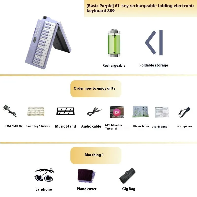 Charging portable smart folding 61 key piano, plastic body, 80.6 cm length, black colour option
