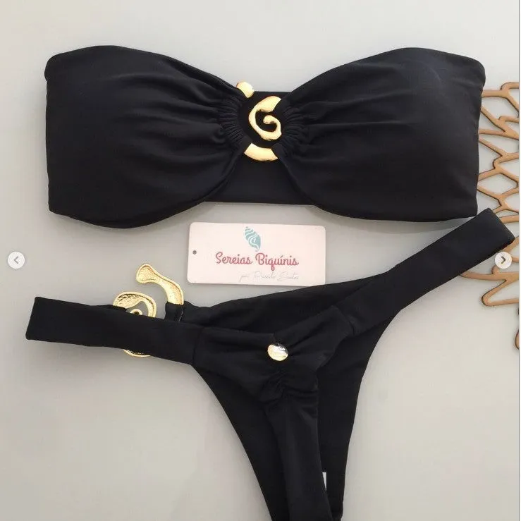 Women's metal ornament split swimsuit bikini in polyester, black snail ornament with removable shoulder strap, for swimming and wading