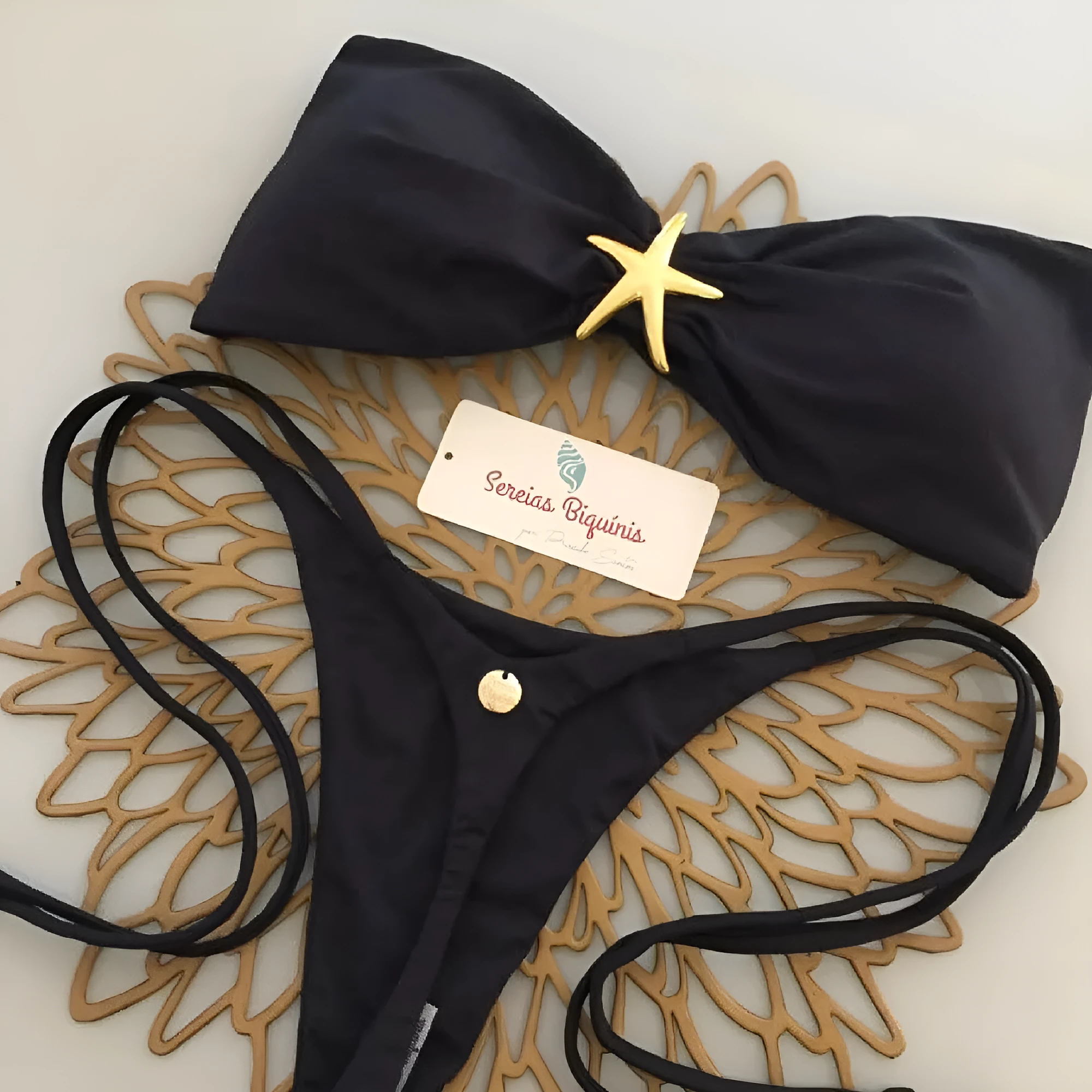 Women's metal ornament split swimsuit bikini in polyester, black snail ornament with removable shoulder strap, for swimming and wading