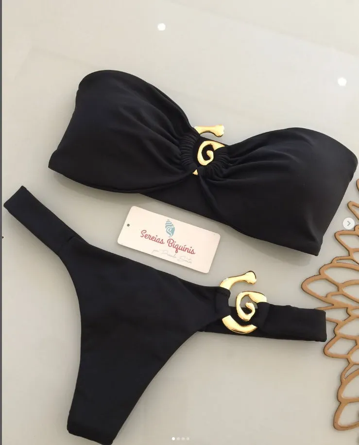 Women's metal ornament split swimsuit bikini in polyester, black snail ornament with removable shoulder strap, for swimming and wading