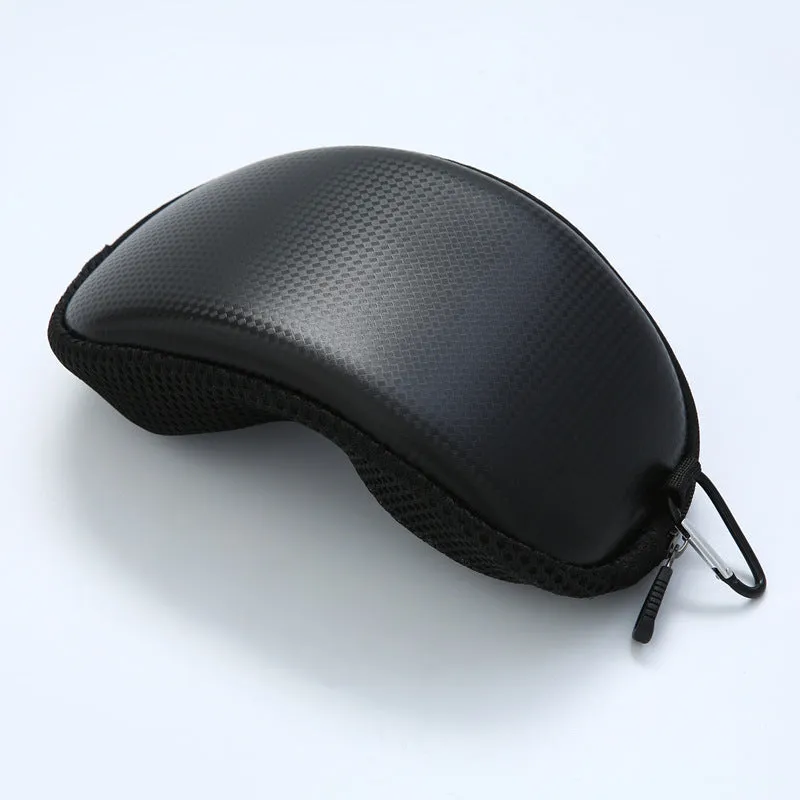 Rainwater proof cycling goggles in black with mirrored lens stored in leather zipper bag