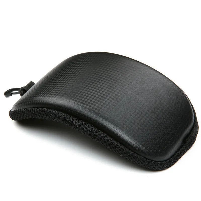 Rainwater proof cycling goggles in black with mirrored lens stored in leather zipper bag
