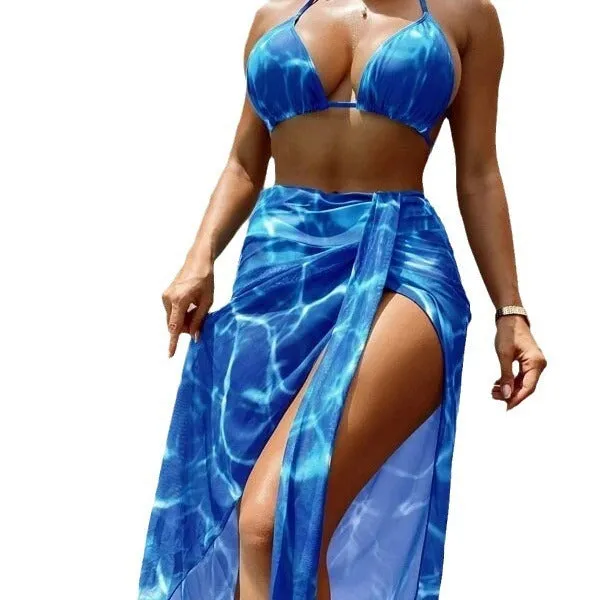 Floral print three-piece bikini swimsuit set for women, including top, pants, and skirt, in blue colour option.
