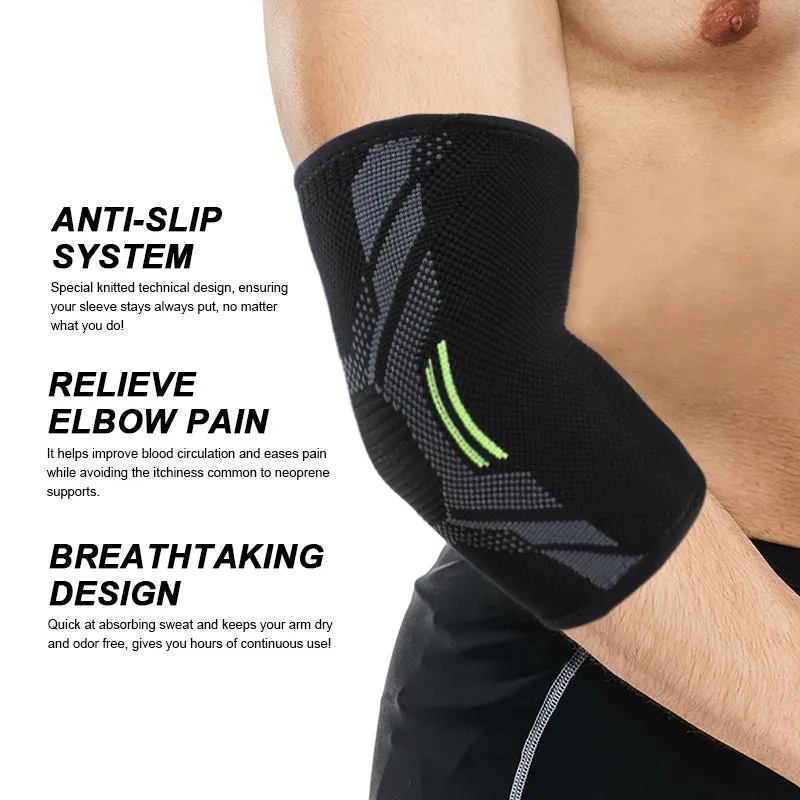 Black elbow support compression sleeve with anti-slip technical knit design on a neutral background