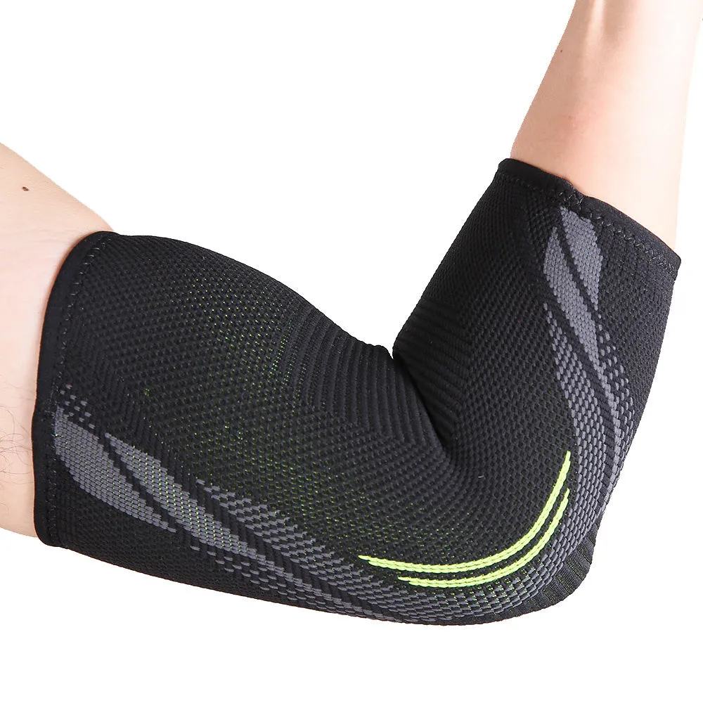 Black elbow support compression sleeve with anti-slip technical knit design on a neutral background