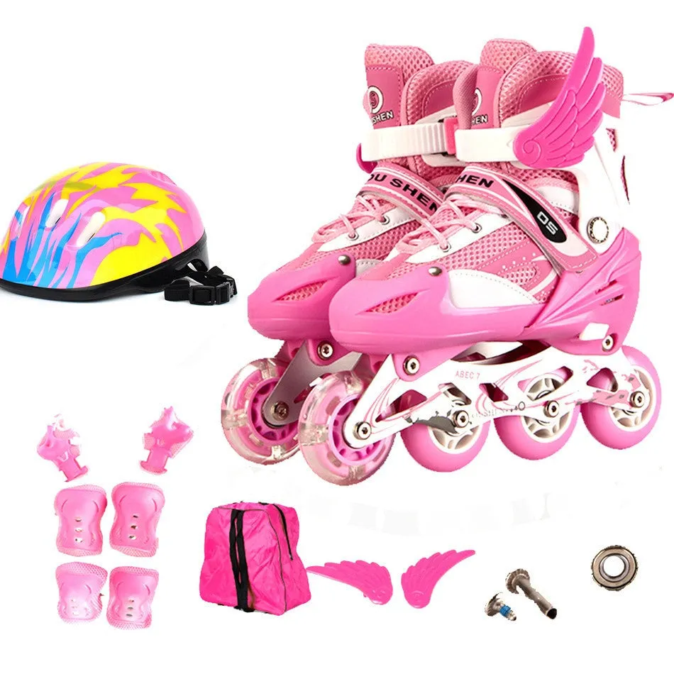 Yellow children's adjustable roller skates with aluminium frame, shown with protective pads, helmet, and backpack.