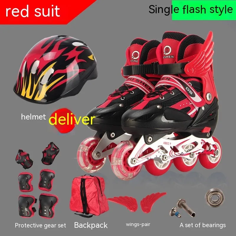 Yellow children's adjustable roller skates with aluminium frame, shown with protective pads, helmet, and backpack.