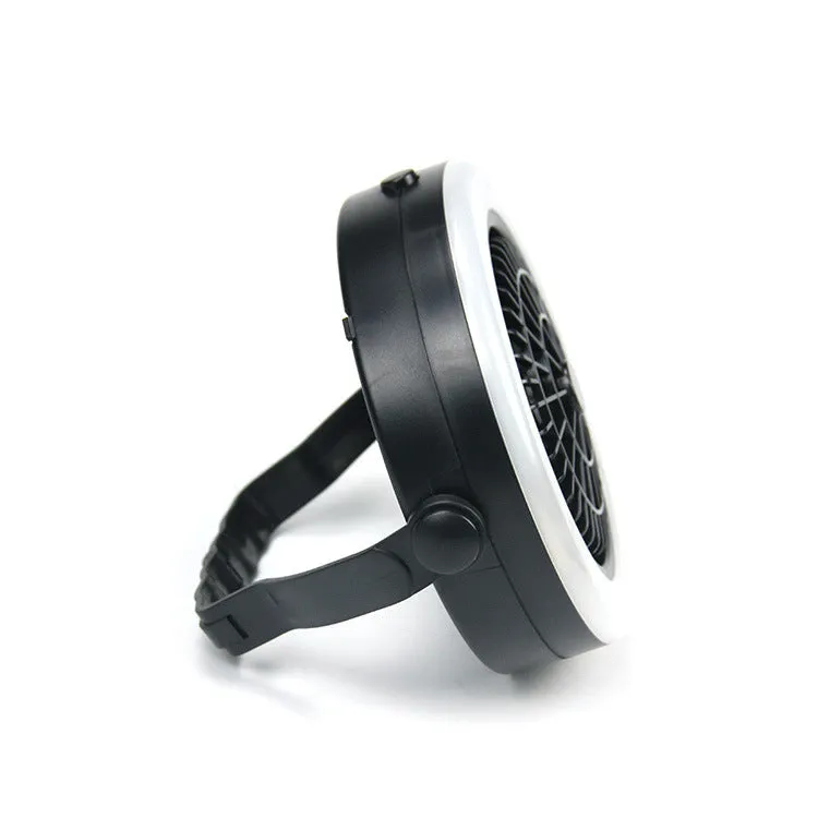 Black multi-function waterproof camping fan light with LED lamp and fan blades, compact 20x20x6.3cm portable design