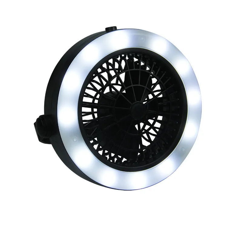 Black multi-function waterproof camping fan light with LED lamp and fan blades, compact 20x20x6.3cm portable design