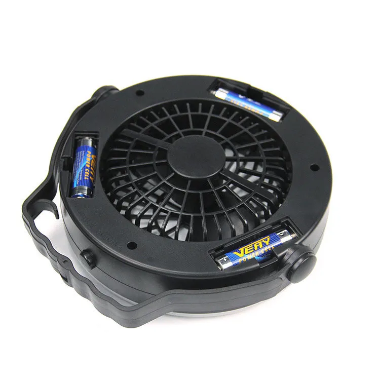Black multi-function waterproof camping fan light with LED lamp and fan blades, compact 20x20x6.3cm portable design