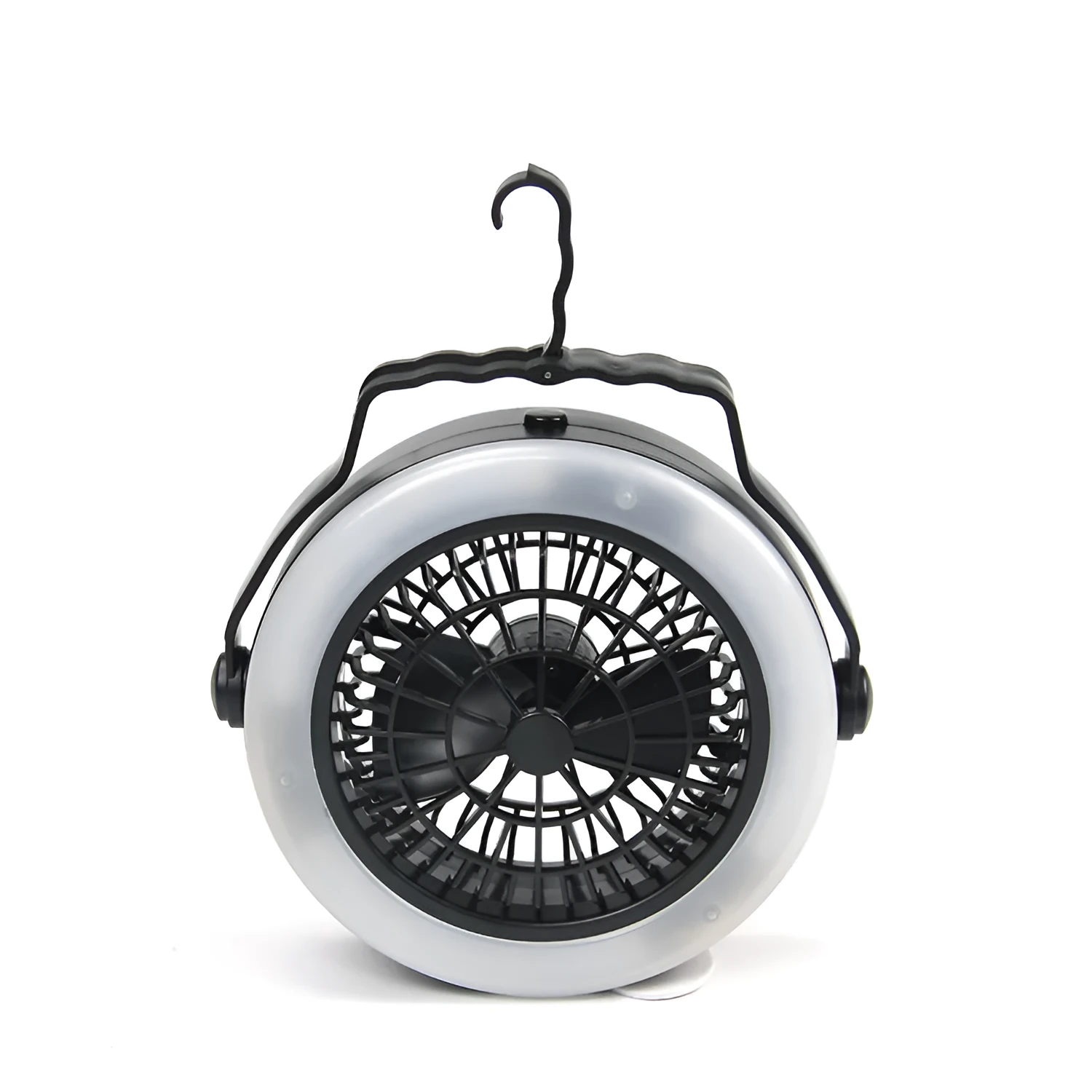Black multi-function waterproof camping fan light with LED lamp and fan blades, compact 20x20x6.3cm portable design