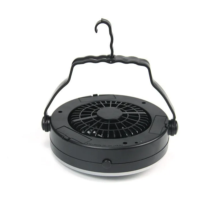 Black multi-function waterproof camping fan light with LED lamp and fan blades, compact 20x20x6.3cm portable design