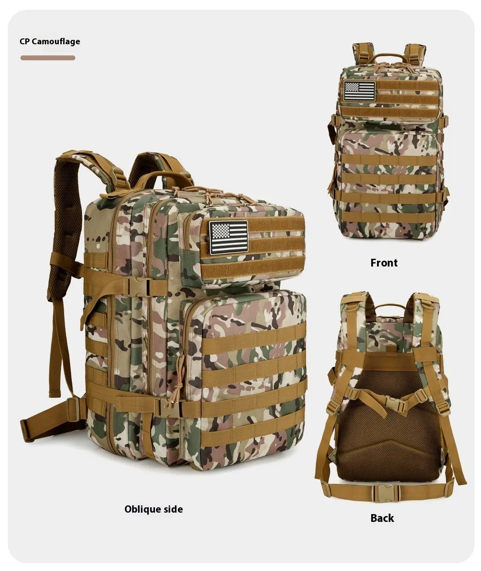 56-75L large outdoor travel waterproof backpack in oxford cloth with camouflage pattern and sewing line detail
