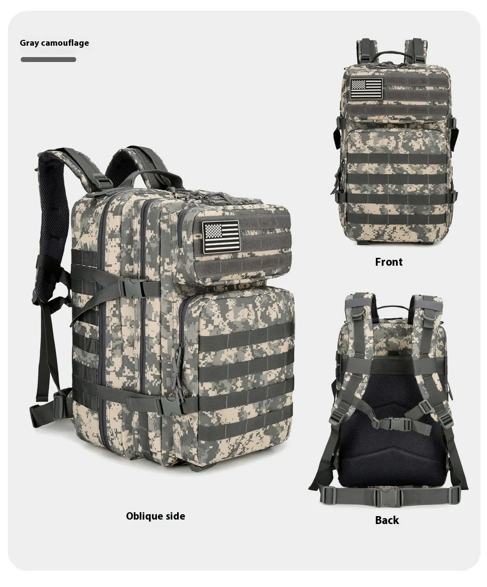 56-75L large outdoor travel waterproof backpack in oxford cloth with camouflage pattern and sewing line detail