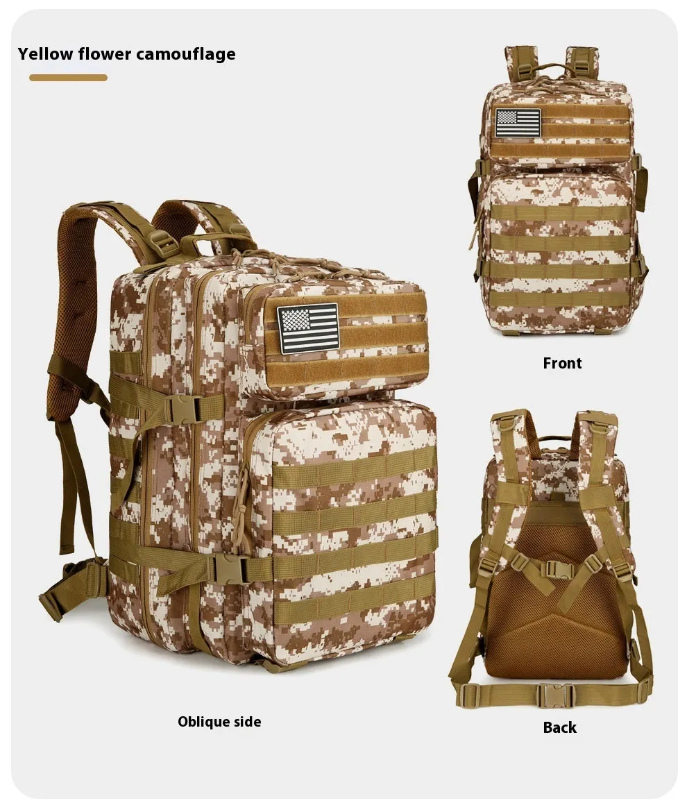 56-75L large outdoor travel waterproof backpack in oxford cloth with camouflage pattern and sewing line detail