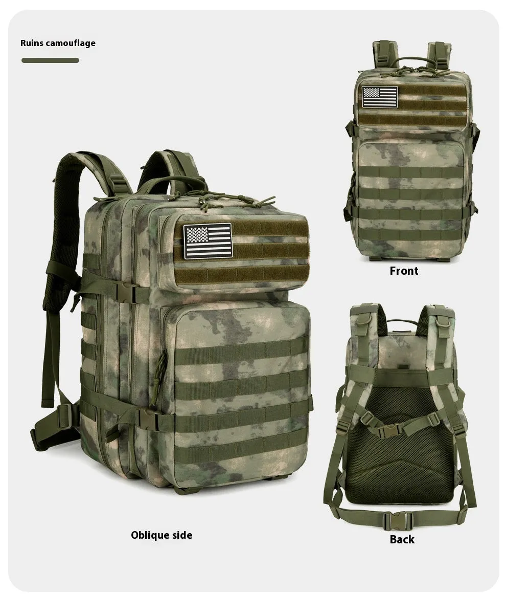 56-75L large outdoor travel waterproof backpack in oxford cloth with camouflage pattern and sewing line detail